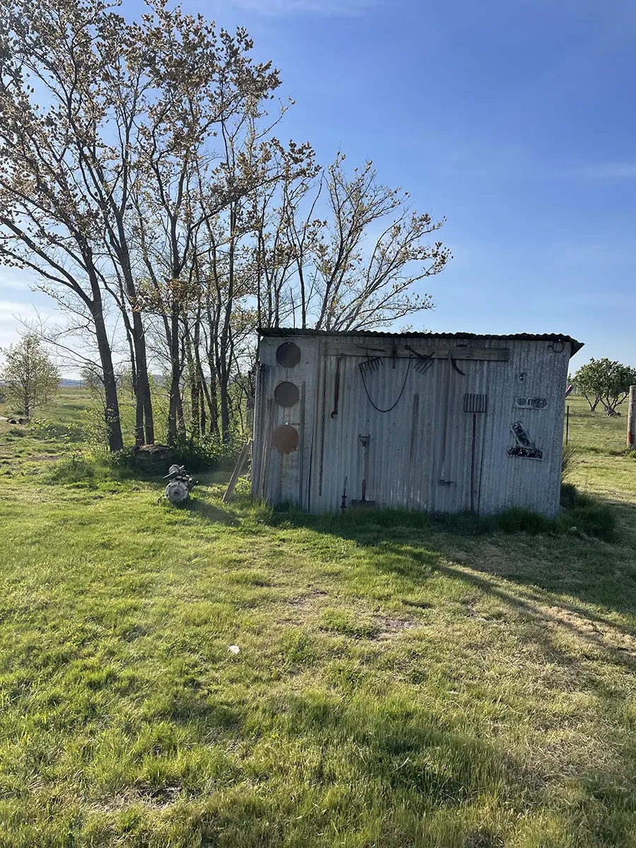 Rustic corrugated shed with vintage farm tools